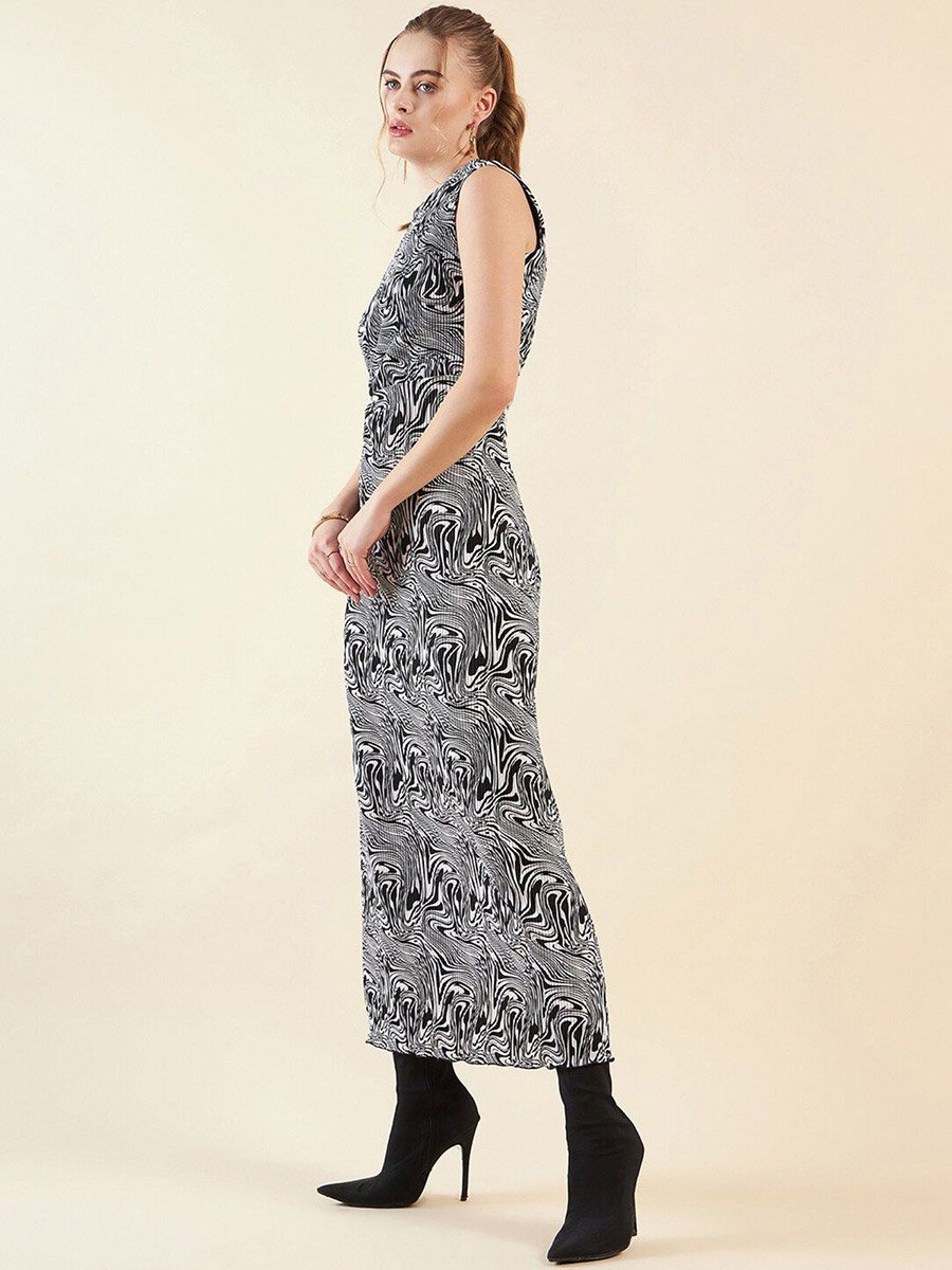 Women Black Marble Print Maxi Dress