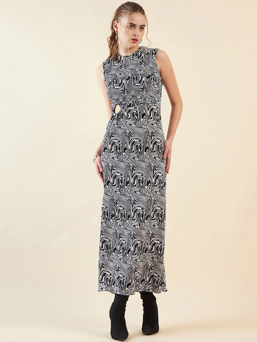 Women Black Marble Print Maxi Dress
