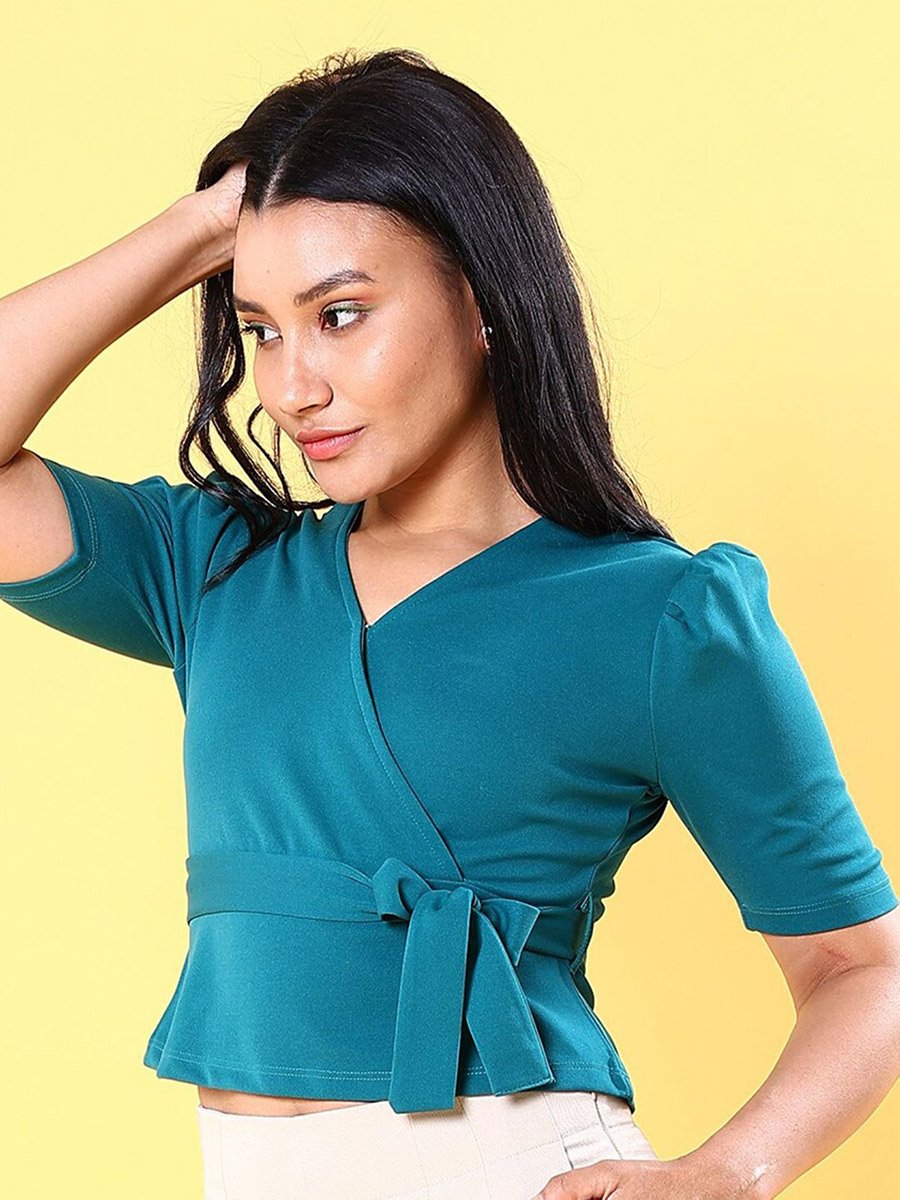 Women Green Wrap Front Top