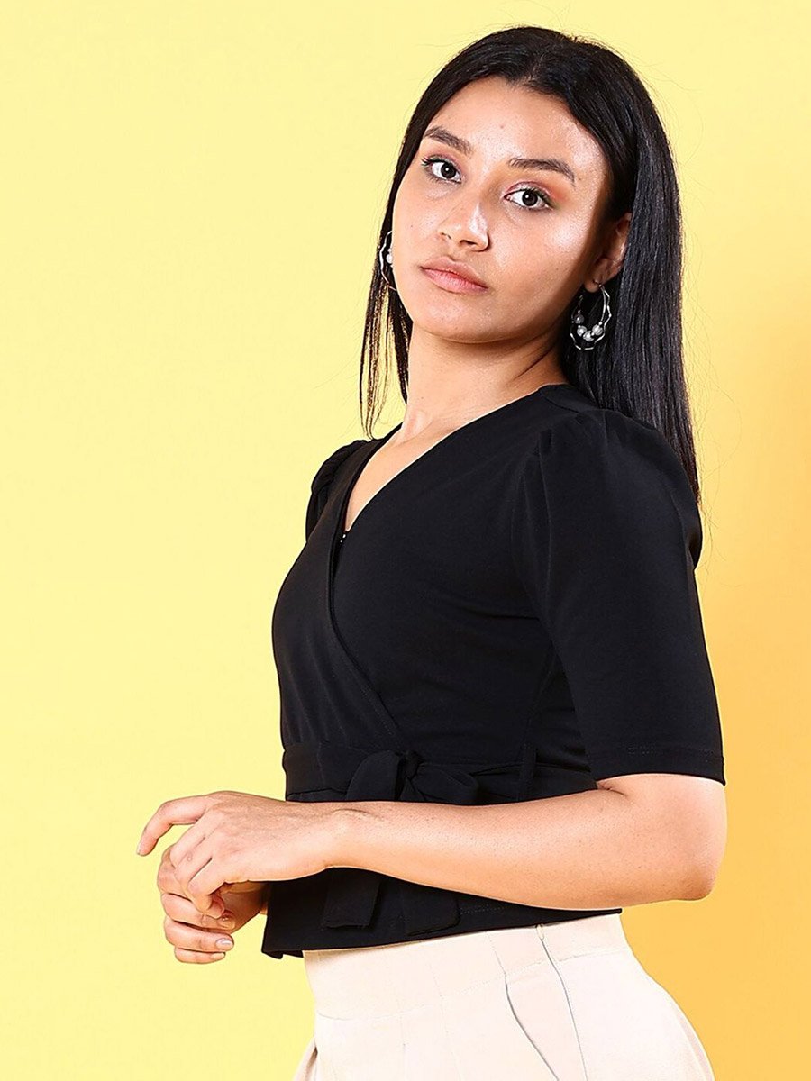 Women Black Wrap Front Top