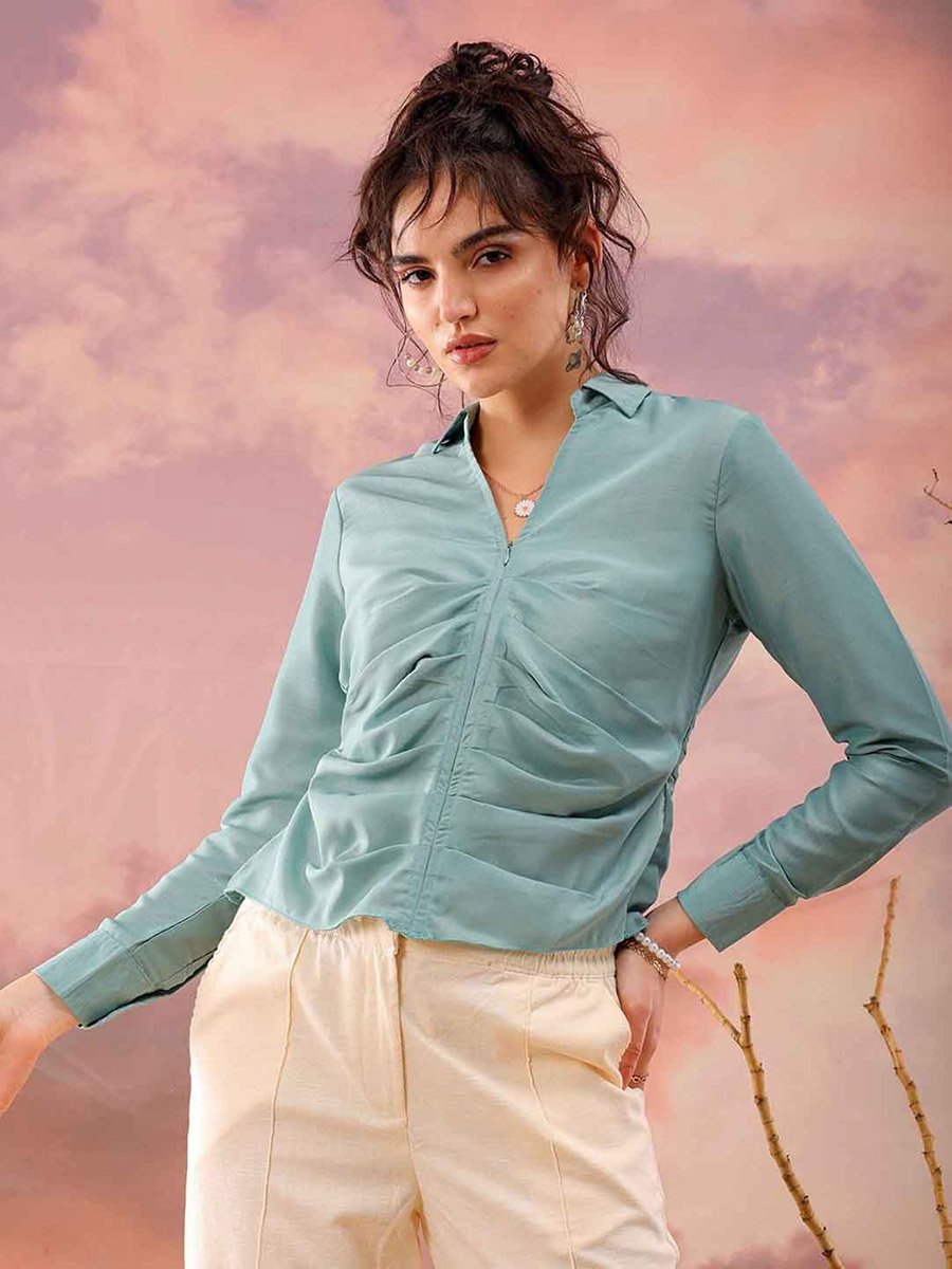 Women Green Regular Fit Top with Zip Closure