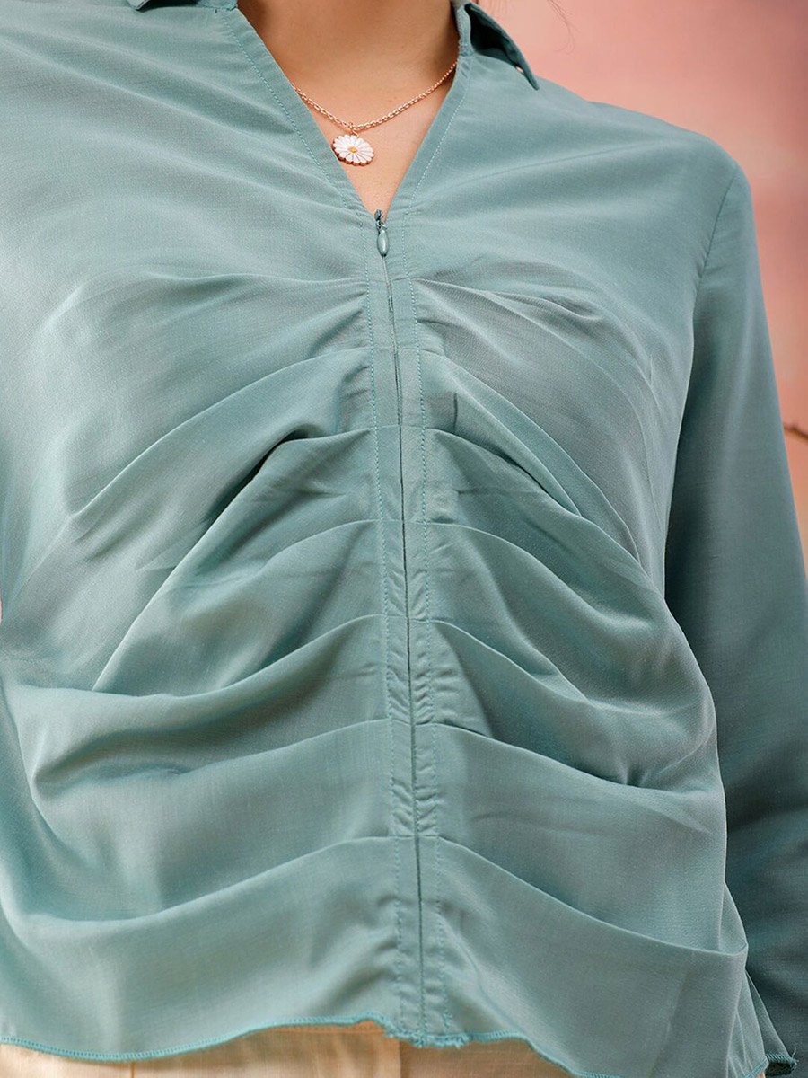 Women Green Regular Fit Top with Zip Closure