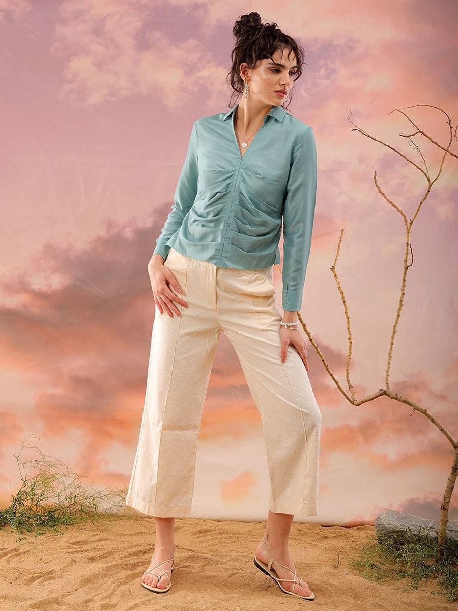 Women Green Regular Fit Top with Zip Closure