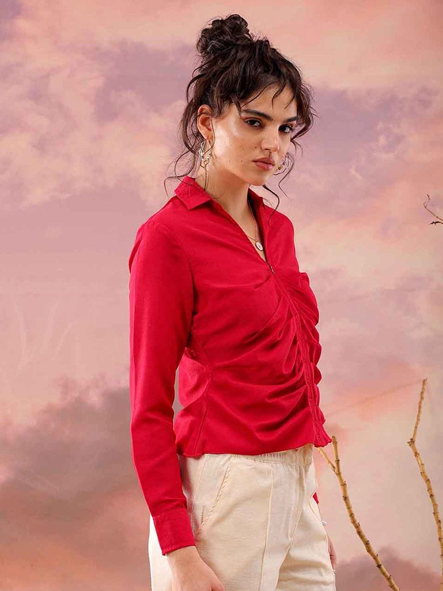 Women Red Regular Fit Top with Zip Closure