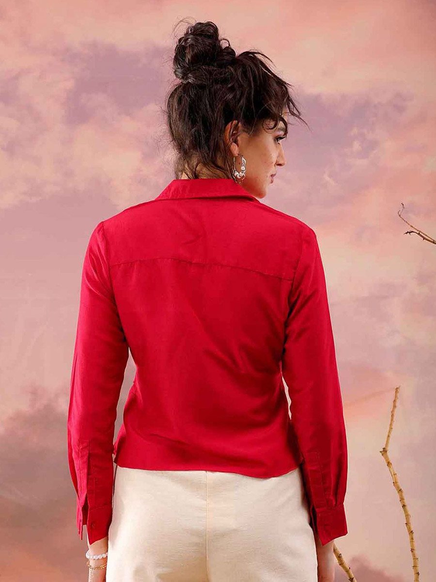 Women Red Regular Fit Top with Zip Closure