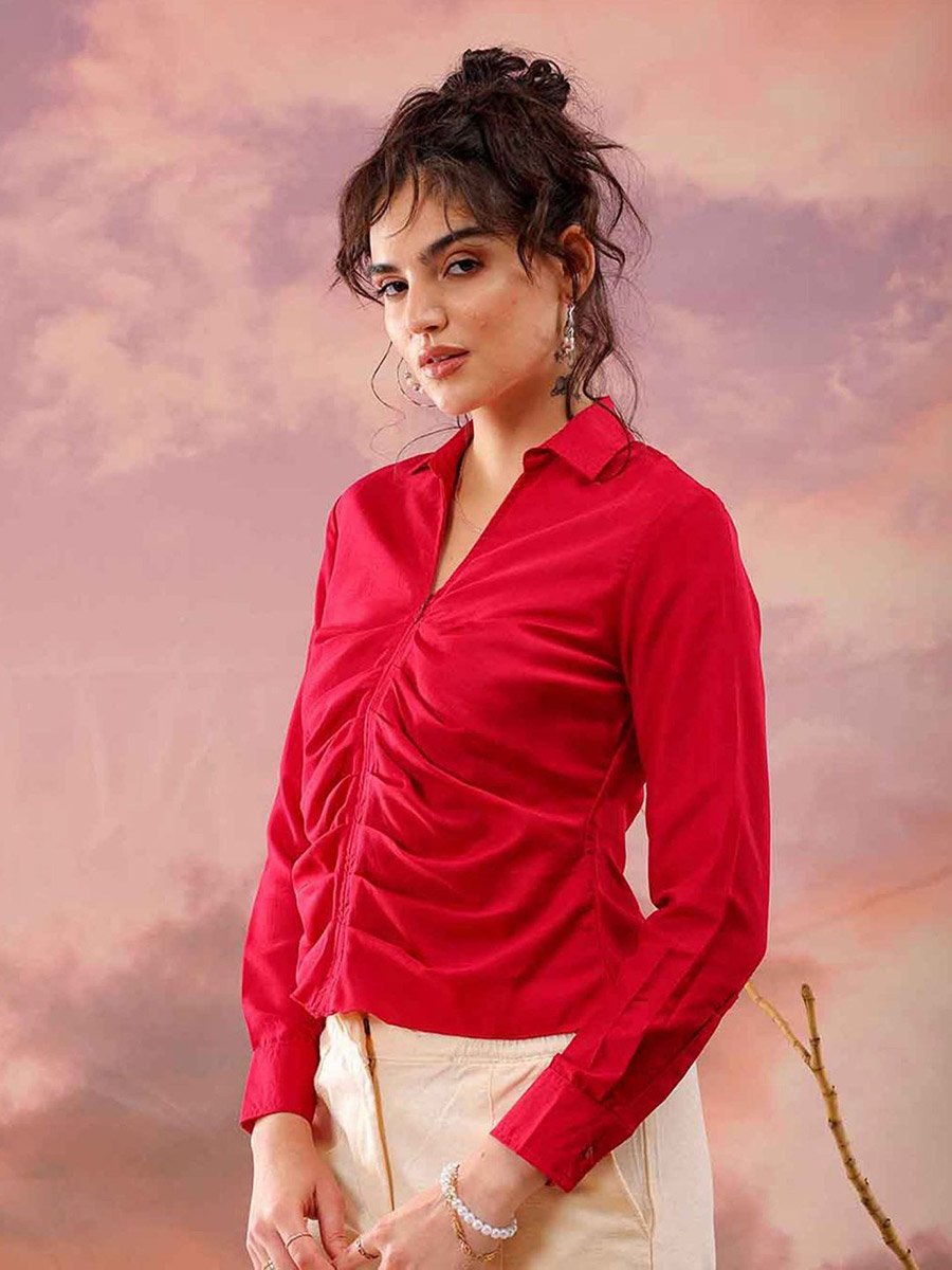 Women Red Regular Fit Top with Zip Closure