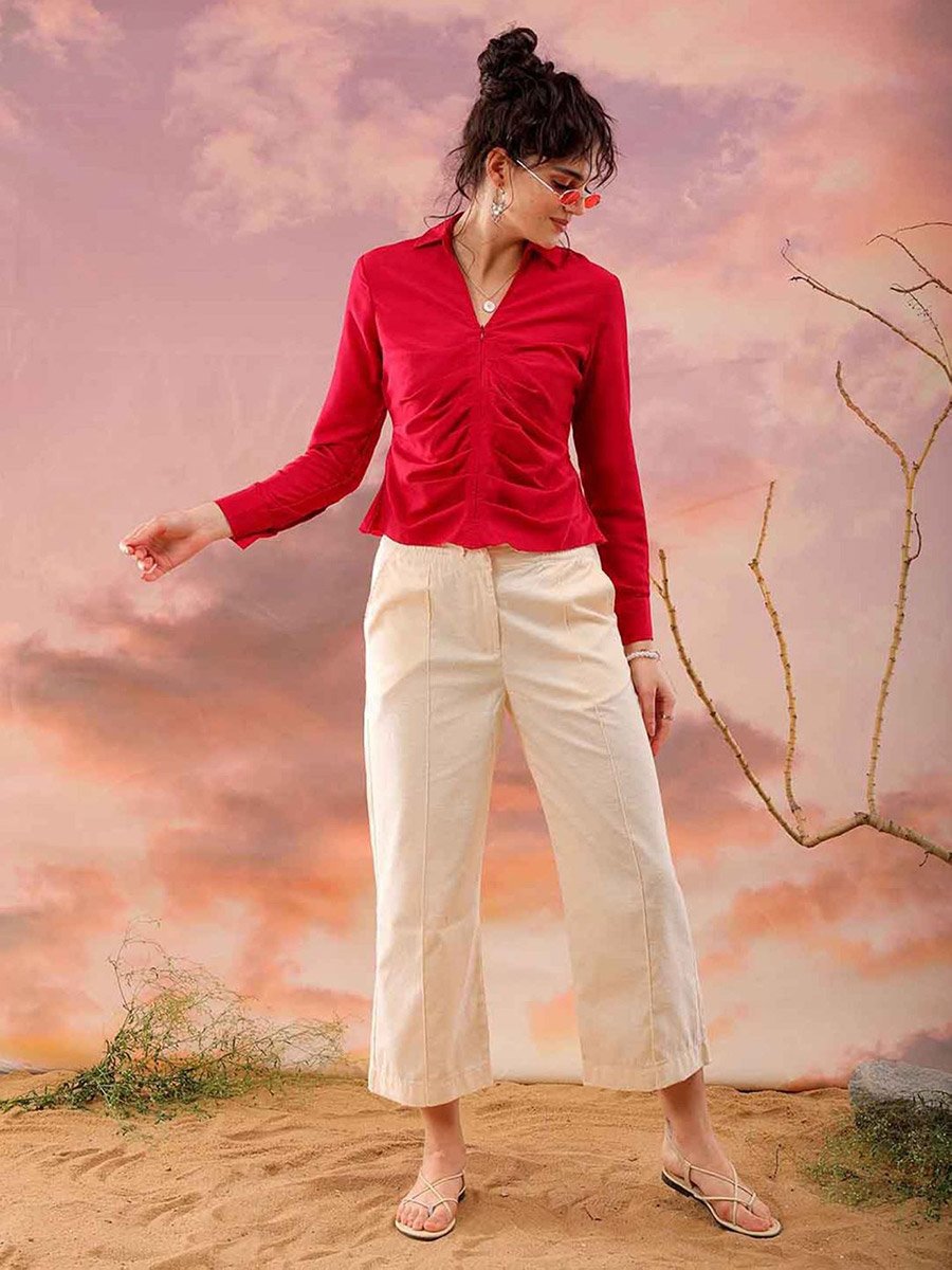 Women Red Regular Fit Top with Zip Closure
