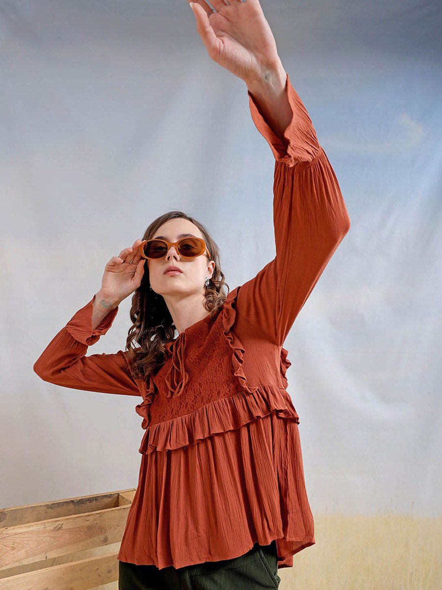Women Rust Boxy Ruffled Top with Lace Detail