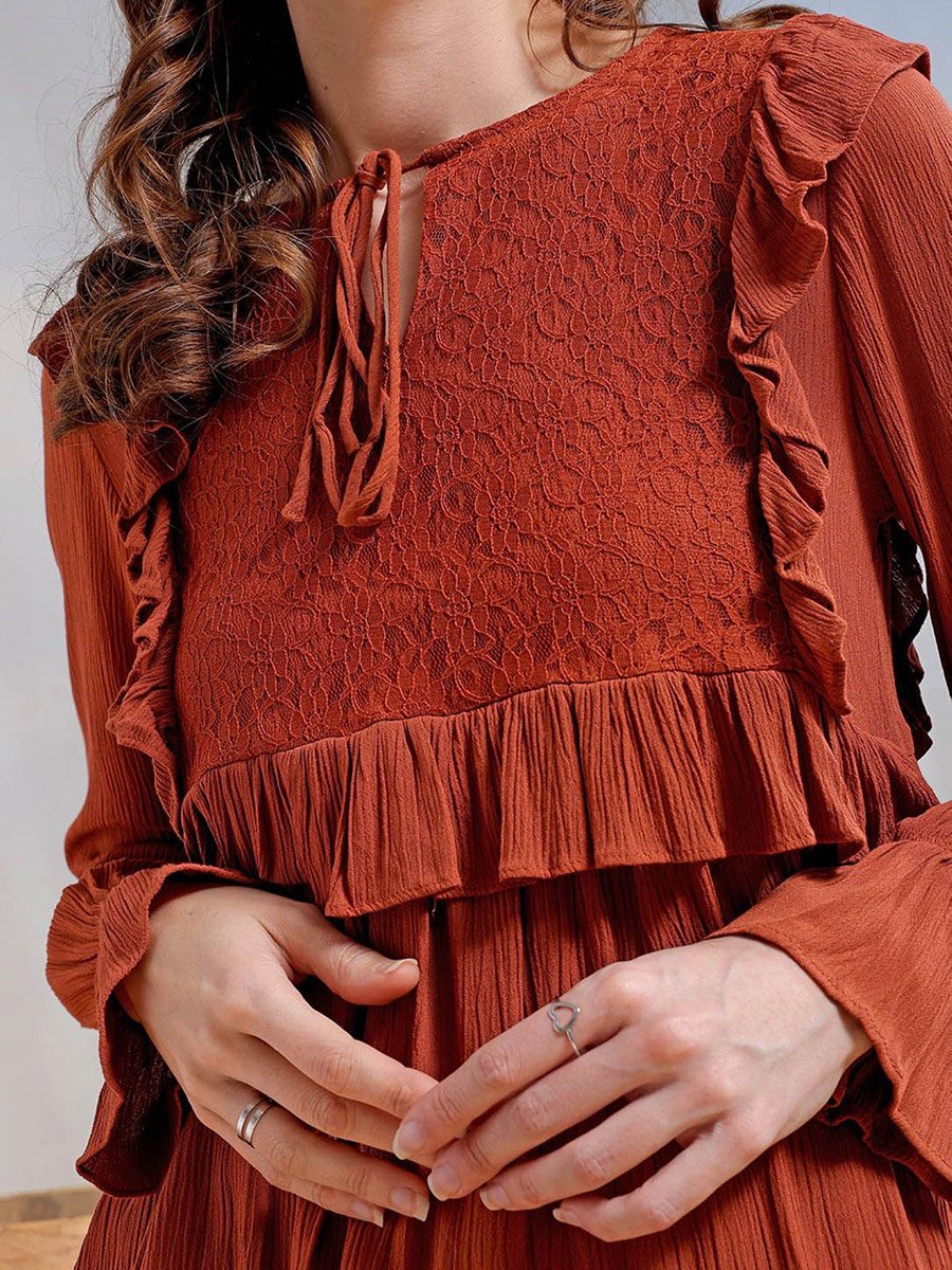 Women Rust Boxy Ruffled Top with Lace Detail