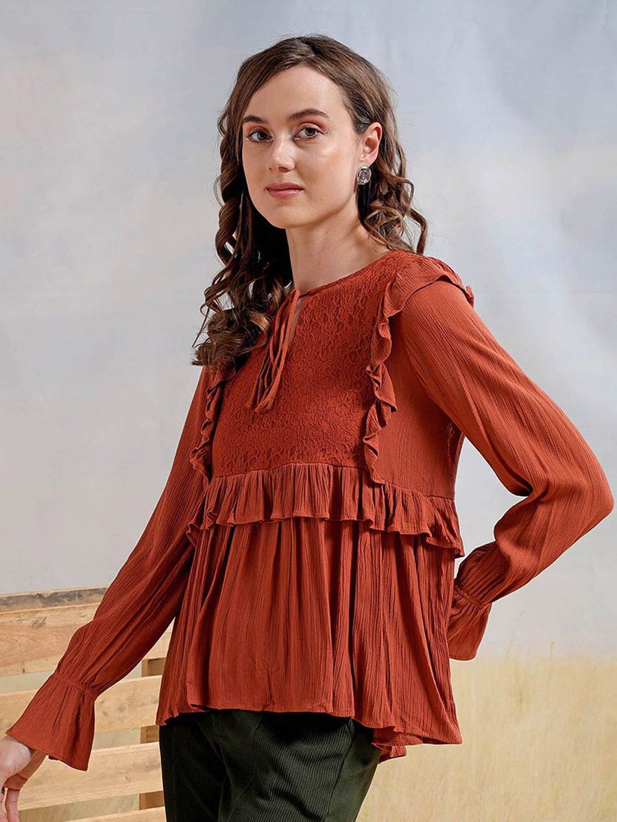 Women Rust Boxy Ruffled Top with Lace Detail