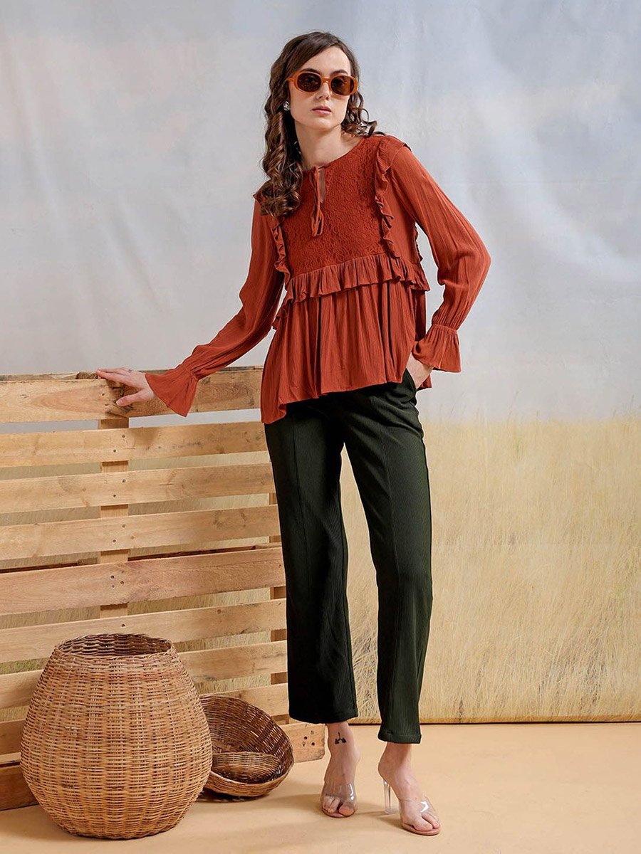 Women Rust Boxy Ruffled Top with Lace Detail