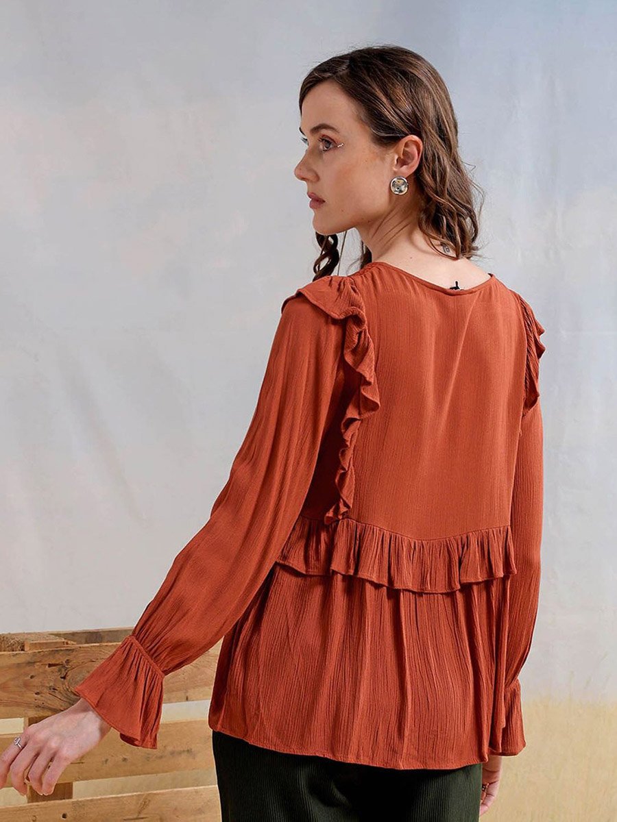 Women Rust Boxy Ruffled Top with Lace Detail