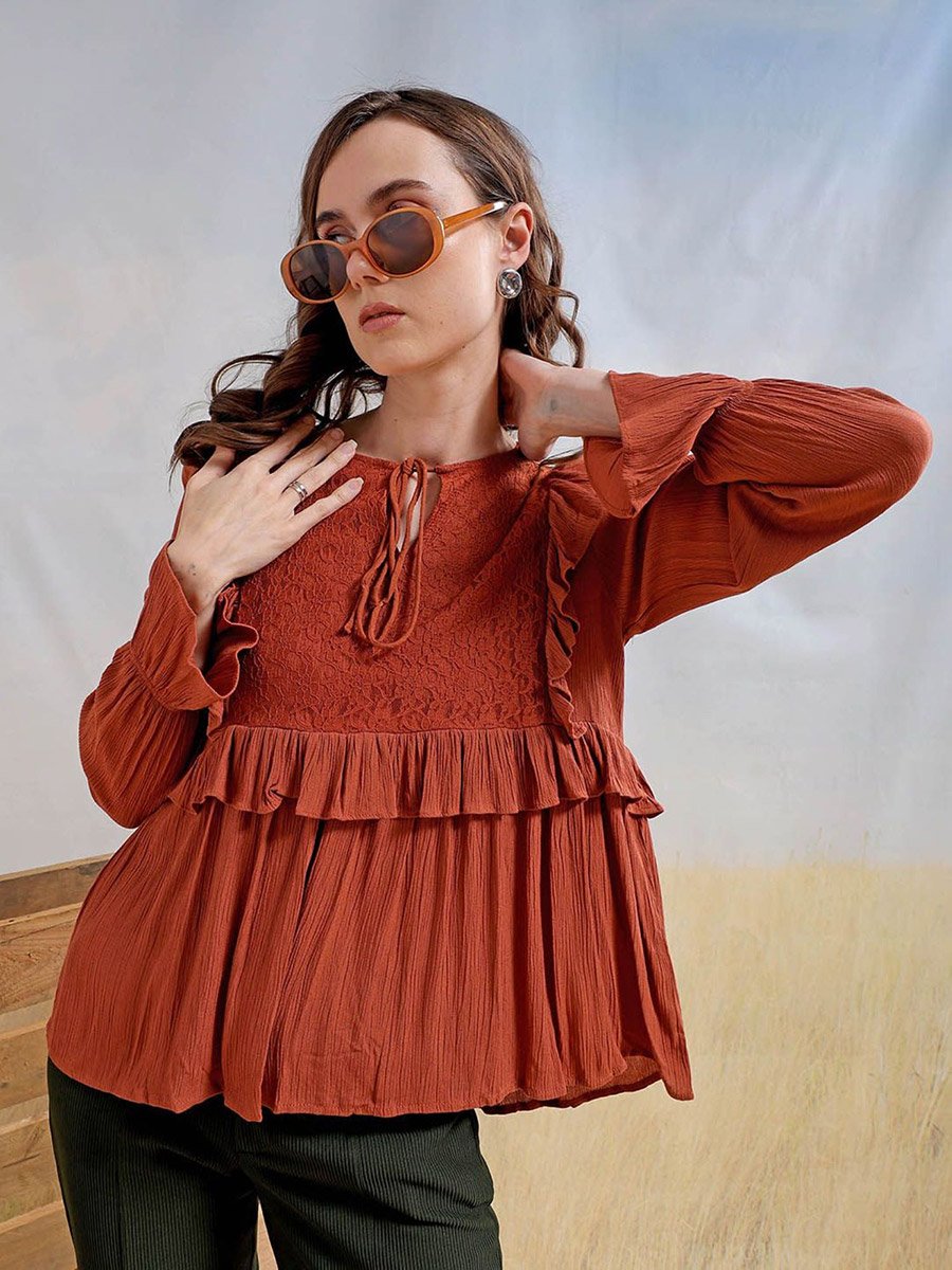 Women Rust Boxy Ruffled Top with Lace Detail