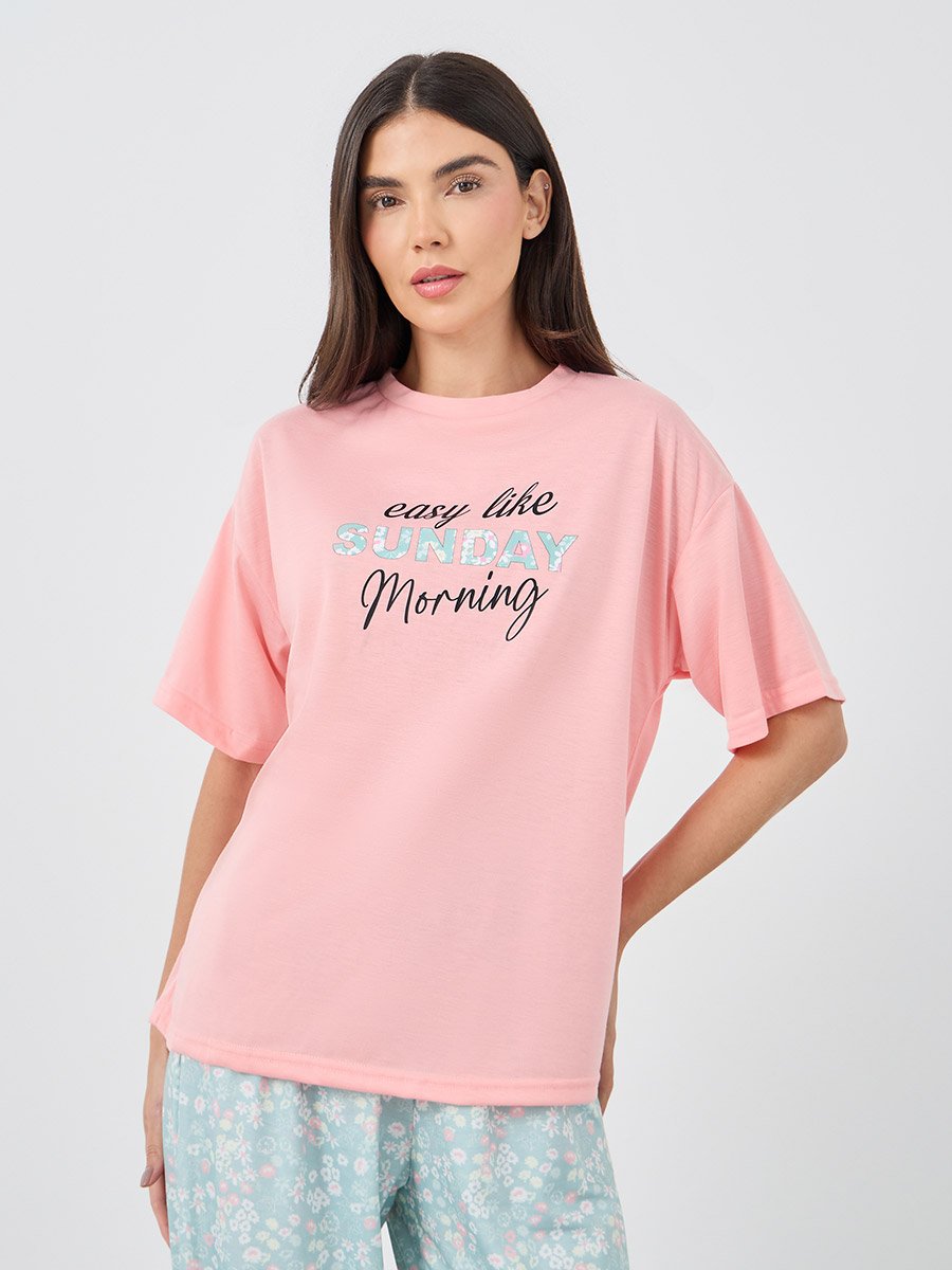 Sunday Morning Slogan Drop Shoulder T-Shirt and Ditsy Floral Pyjama Set