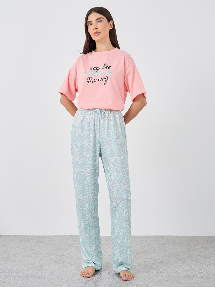 Sunday Morning Slogan Drop Shoulder T-Shirt and Ditsy Floral Pyjama Set