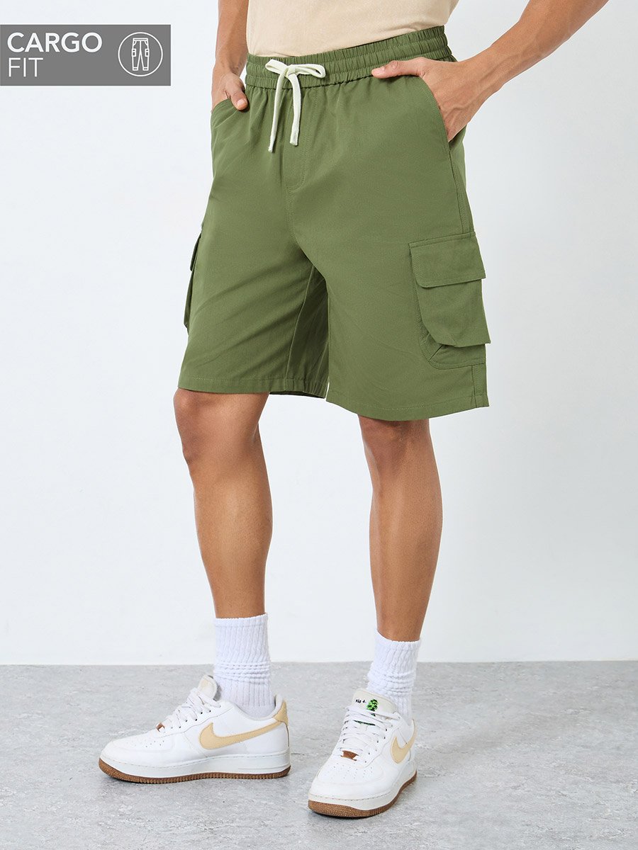 Men Olive Relaxed Fit Cargo Shorts