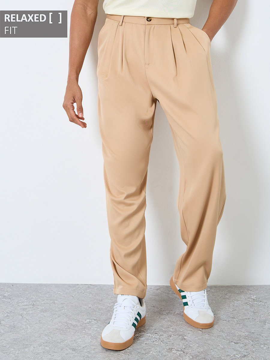 Men Beige Relaxed Fit Pleated Trousers
