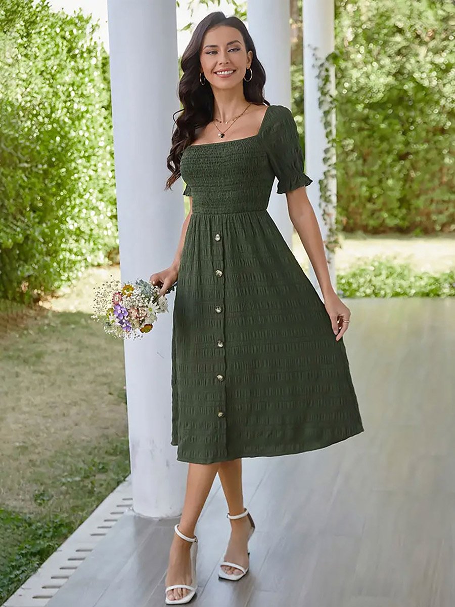 solid knee length dress Solid Green A-Line Knee-Length Dress For Women at Bahrain