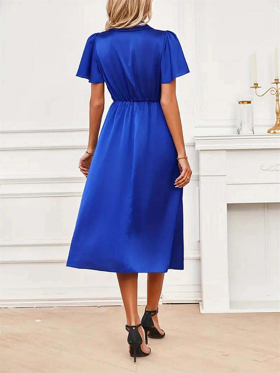 Slid V-Neck Short Sleeve Wrap Midi Dress