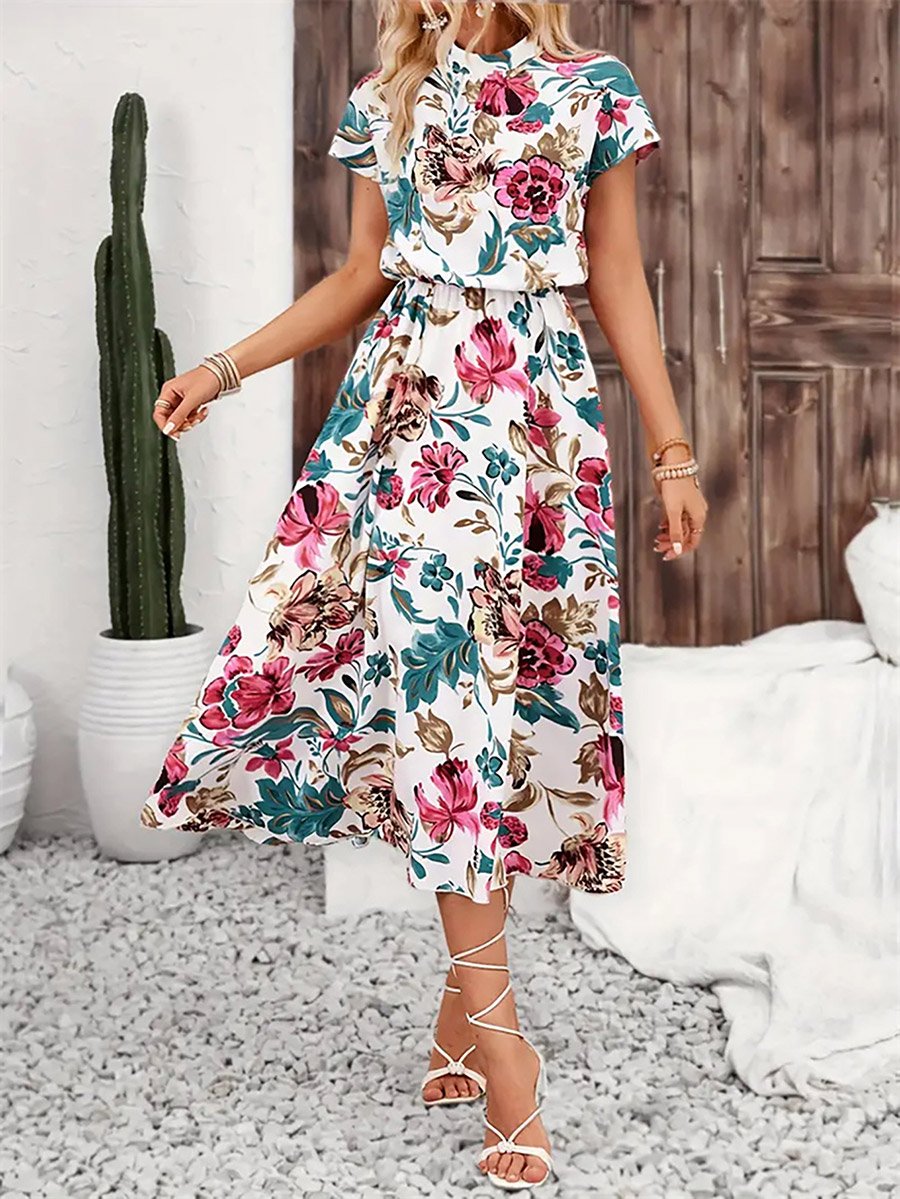 Floral Print Short Sleeve Midi Dress