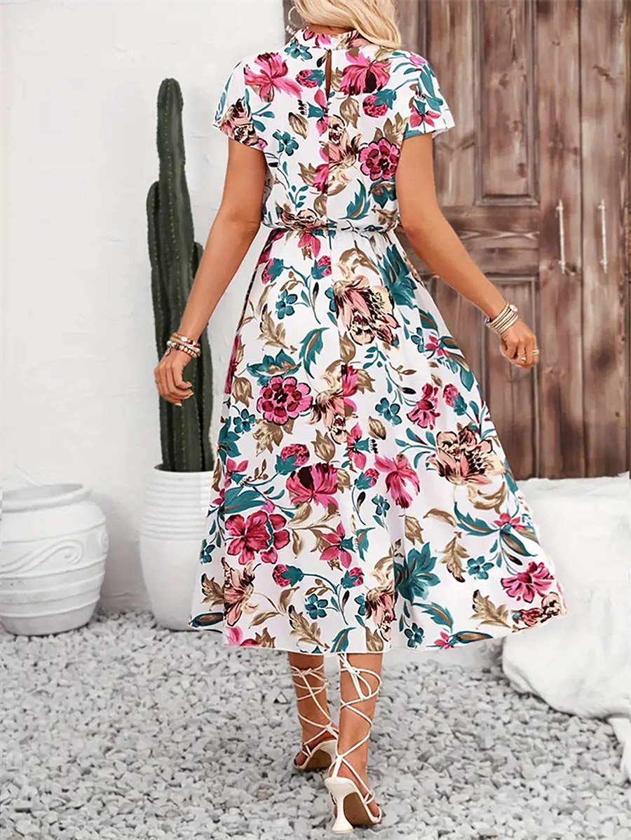 Floral Print Short Sleeve Midi Dress