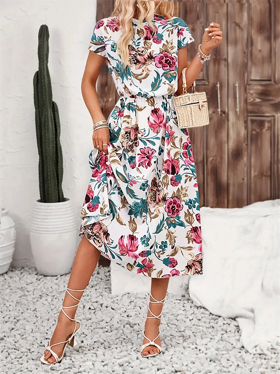Floral Print Short Sleeve Midi Dress