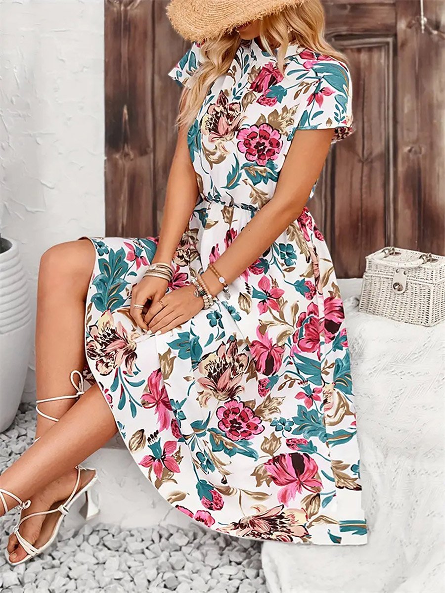 Floral Print Short Sleeve Midi Dress