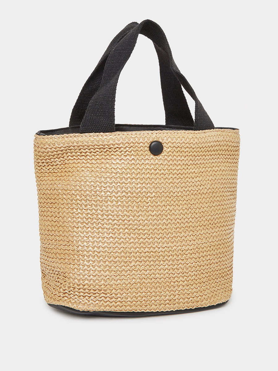 Two Tone Straw Beach Bag with Snap Closure