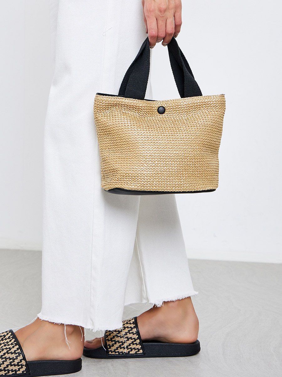 Two Tone Straw Beach Bag with Snap Closure