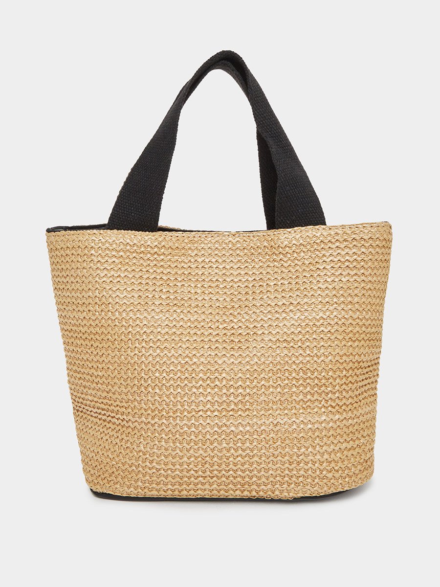 Two Tone Straw Beach Bag with Snap Closure