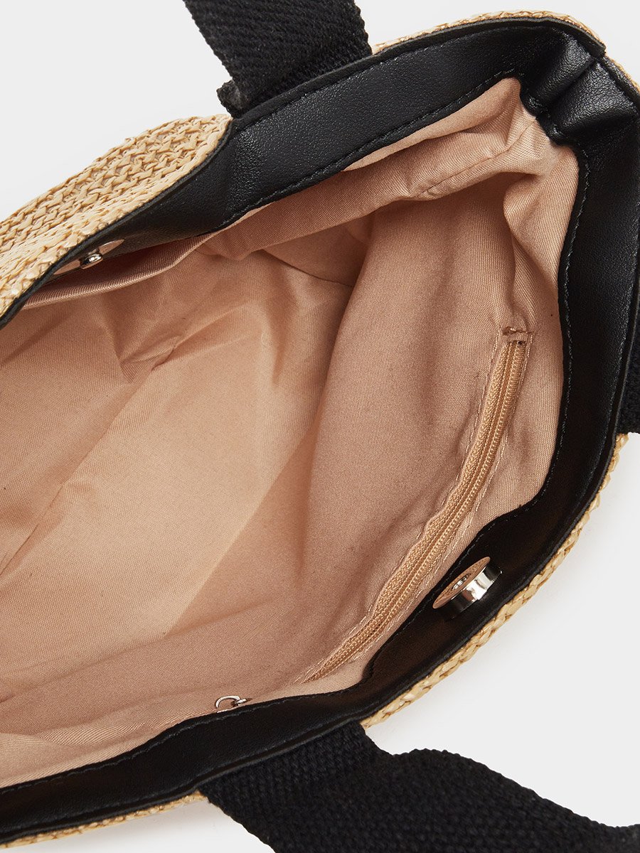 Two Tone Straw Beach Bag with Snap Closure