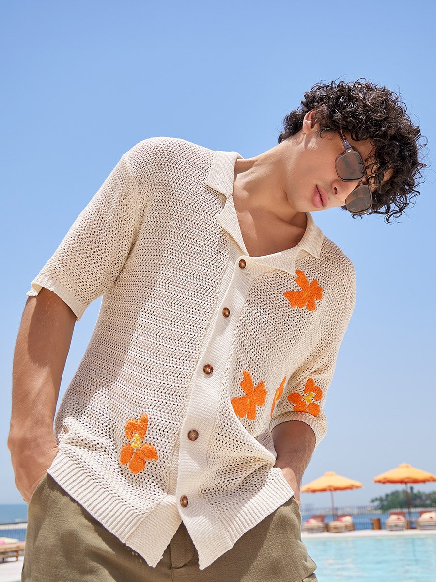 Floral Embroidered Crochet Knit Relaxed Fit Shirt