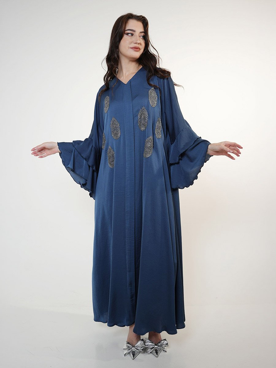 Ruffled Sleeve V-Neck Lace Detail A-Line Jalabiya