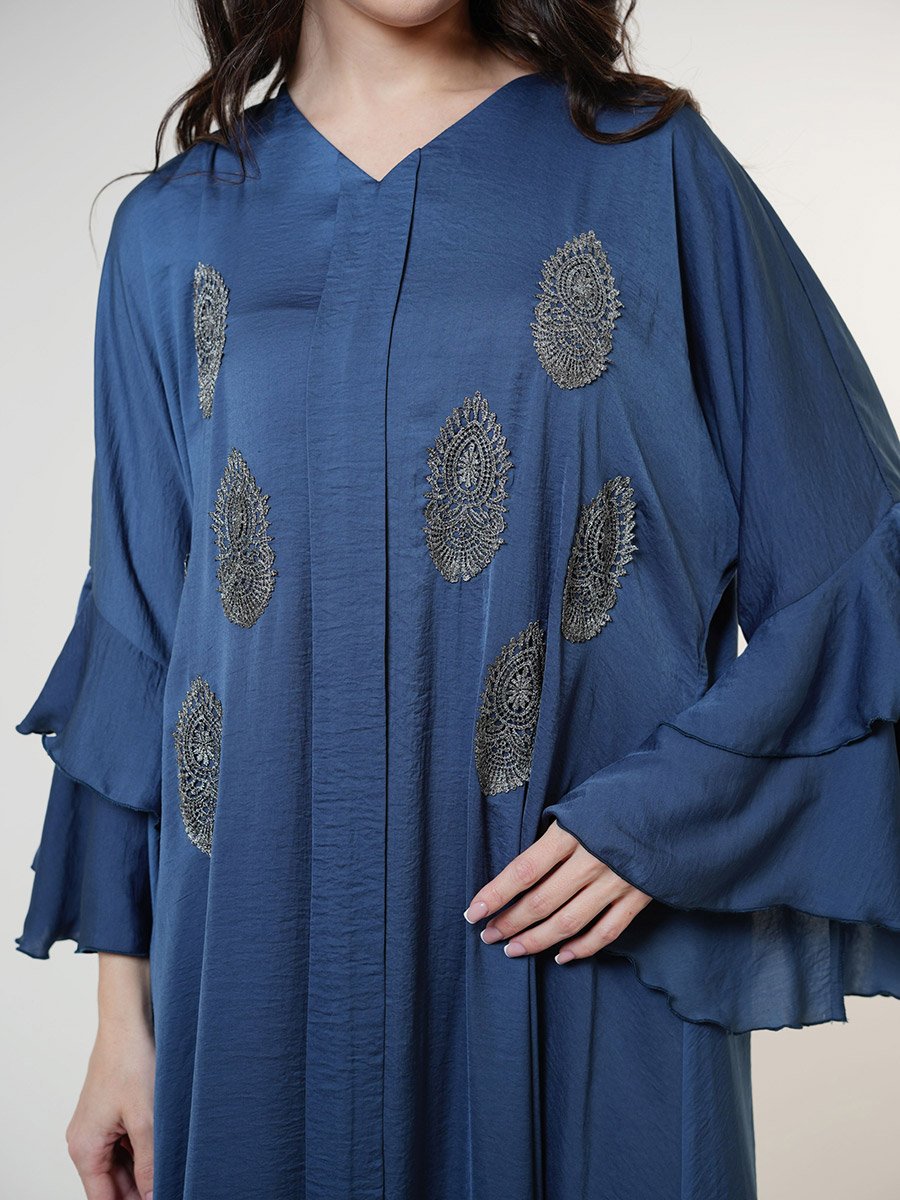 Ruffled Sleeve V-Neck Lace Detail A-Line Jalabiya