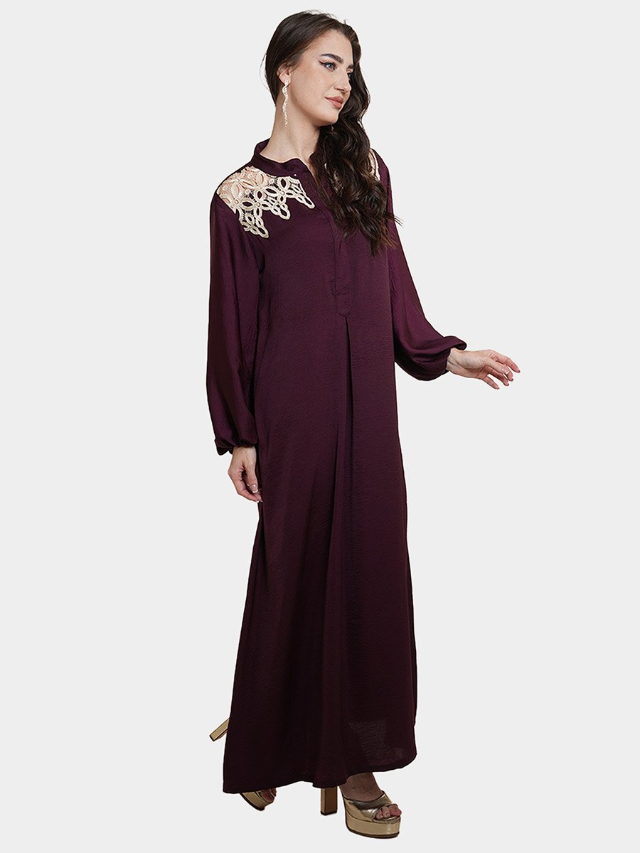 Lace Detail Balloon Sleeve Satin Jalabiya
