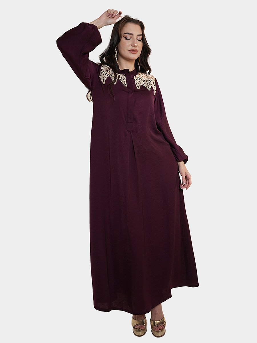 Lace Detail Balloon Sleeve Satin Jalabiya