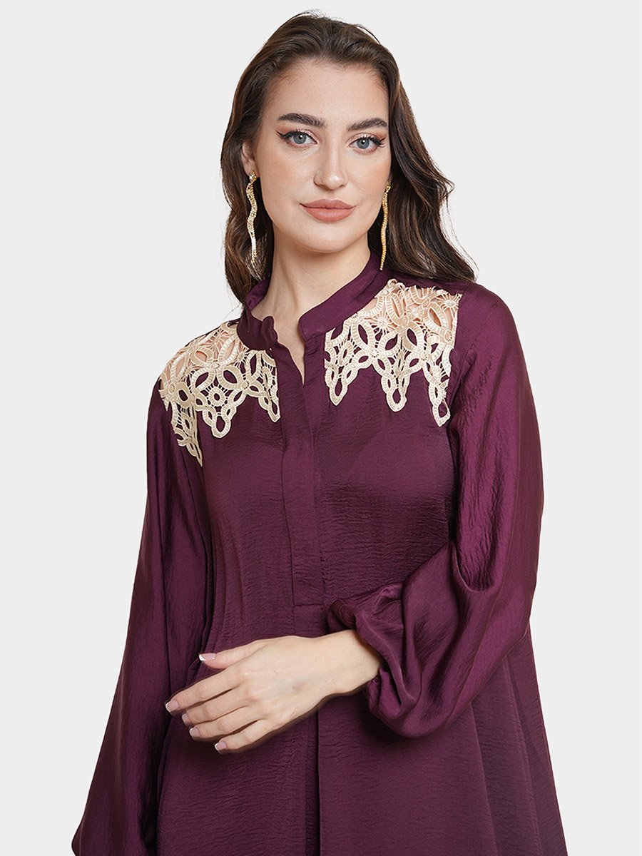 Lace Detail Balloon Sleeve Satin Jalabiya