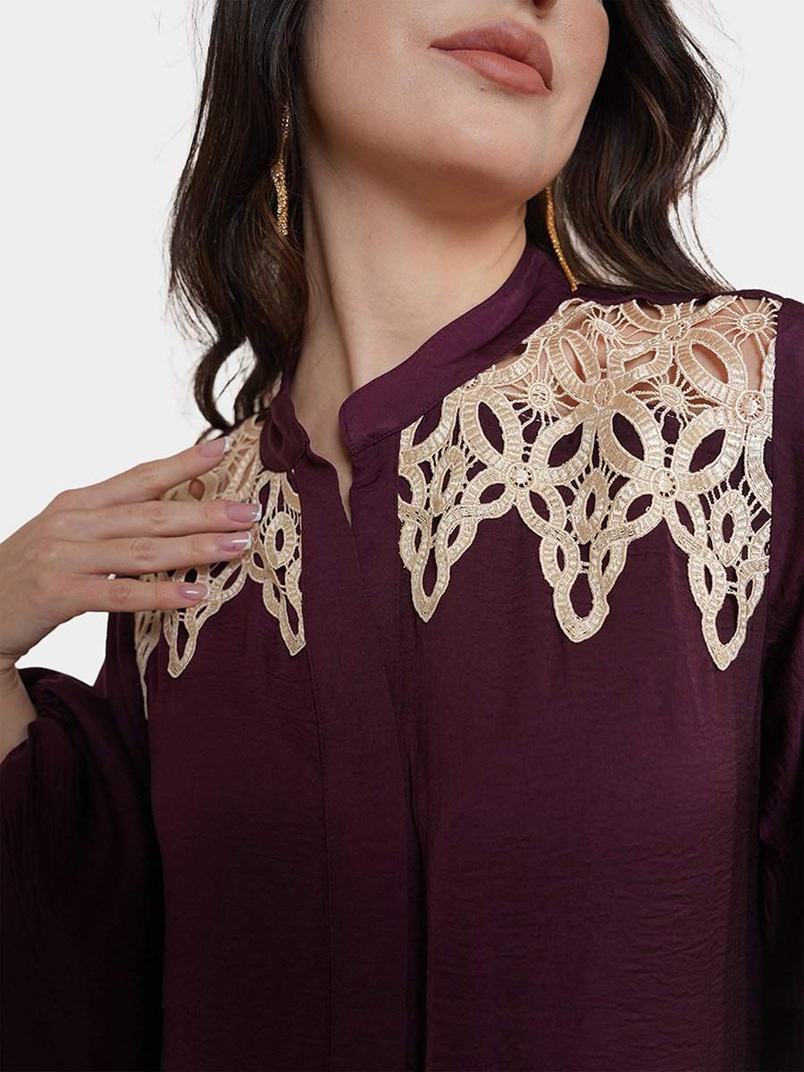 Lace Detail Balloon Sleeve Satin Jalabiya