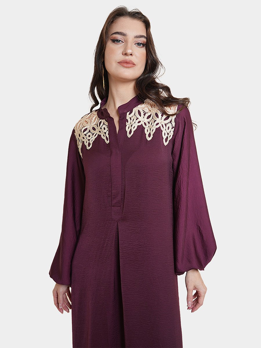 Lace Detail Balloon Sleeve Satin Jalabiya