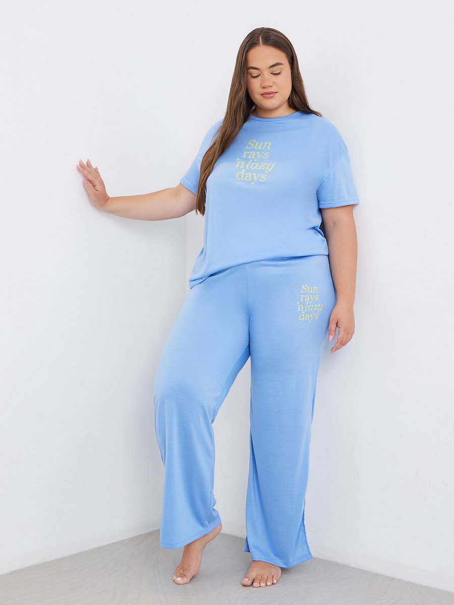 Plus Sun Rays Dropped Shoulder T-Shirt and Side Slit Pyjama Set
