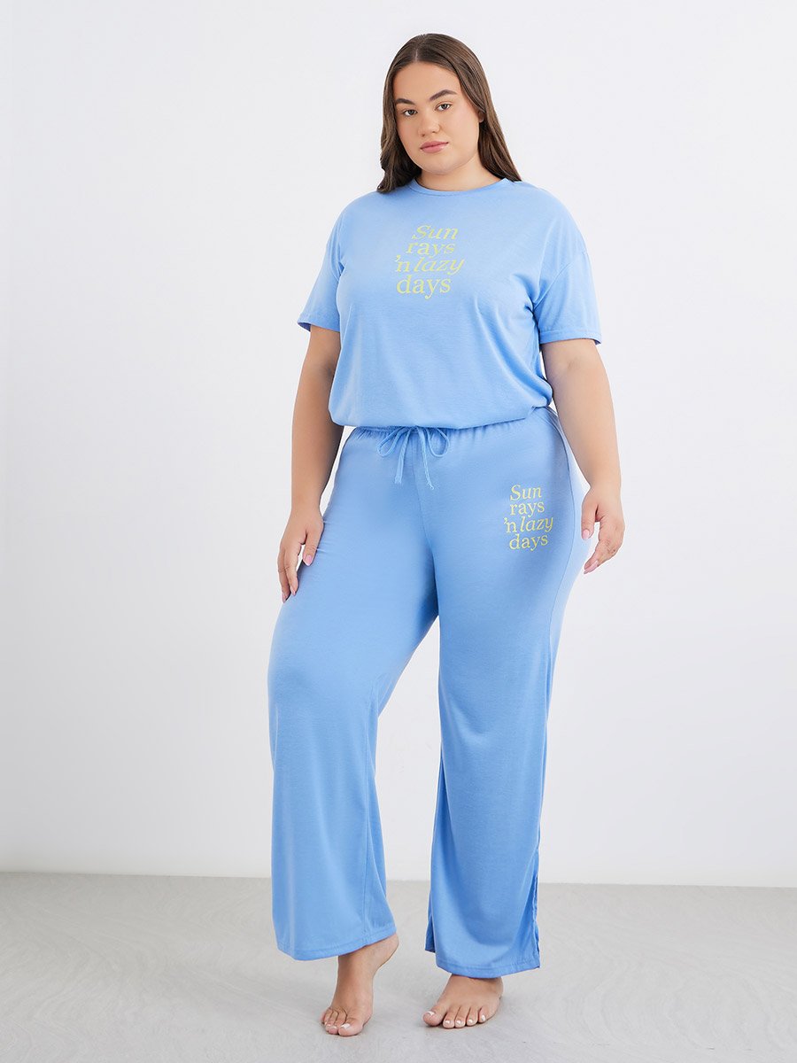 Plus Sun Rays Dropped Shoulder T-Shirt and Side Slit Pyjama Set