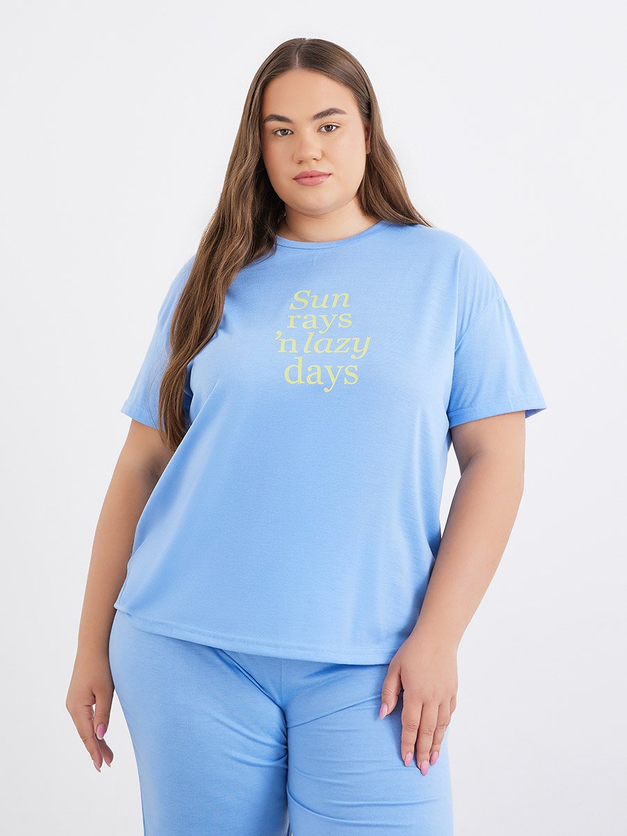 Plus Sun Rays Dropped Shoulder T-Shirt and Side Slit Pyjama Set
