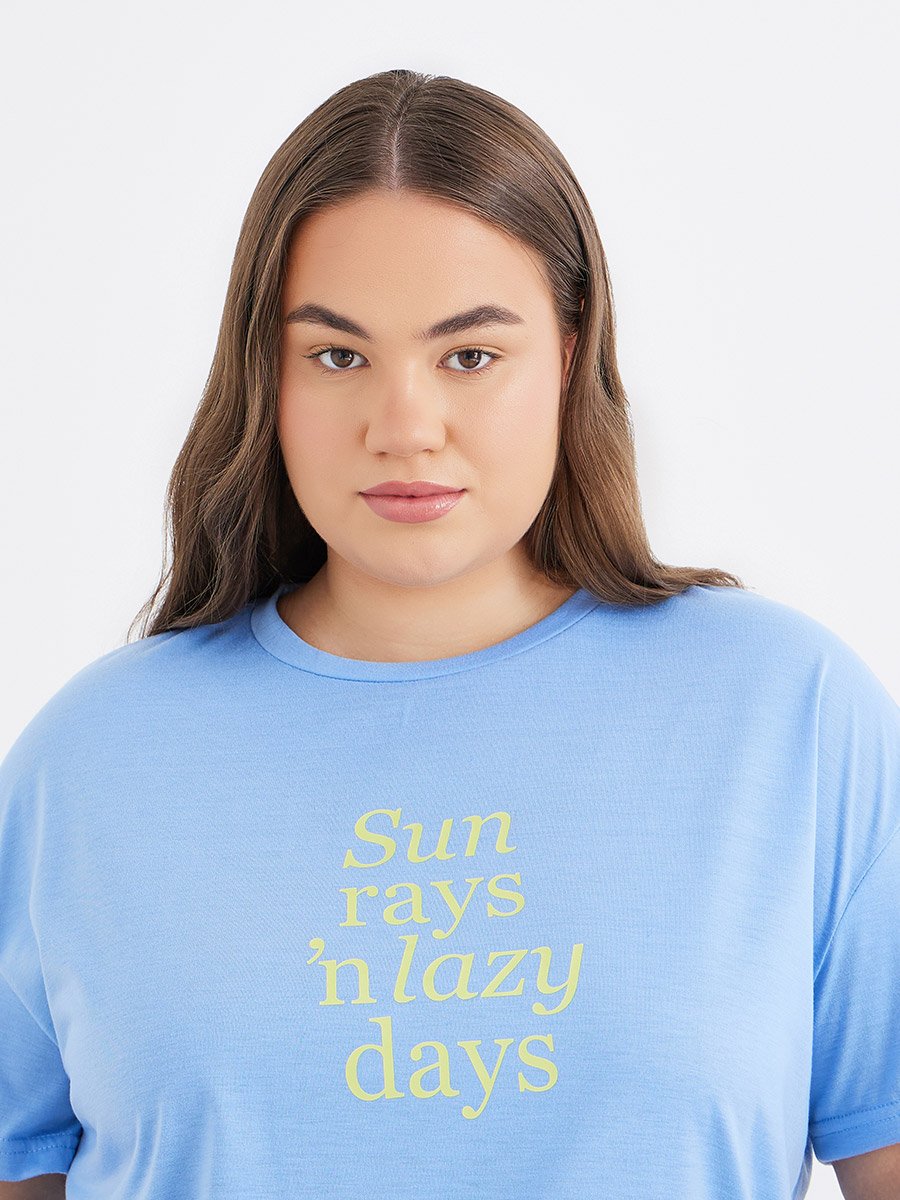 Plus Sun Rays Dropped Shoulder T-Shirt and Side Slit Pyjama Set