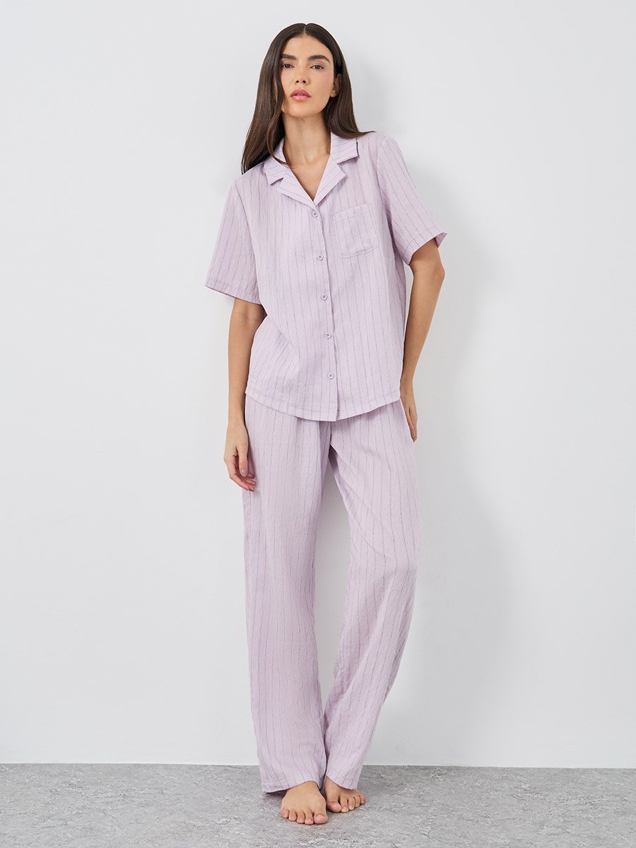 Textured Striped Buttoned Viscose Shirt and Pyjama Set