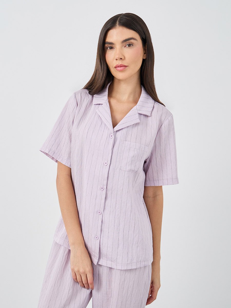 Textured Striped Buttoned Viscose Shirt and Pyjama Set