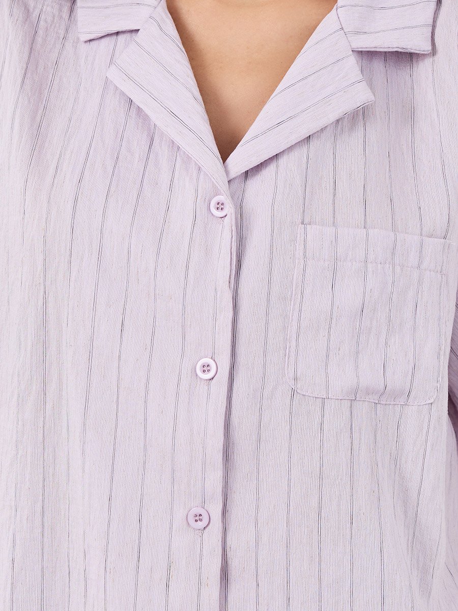 Textured Striped Buttoned Viscose Shirt and Pyjama Set