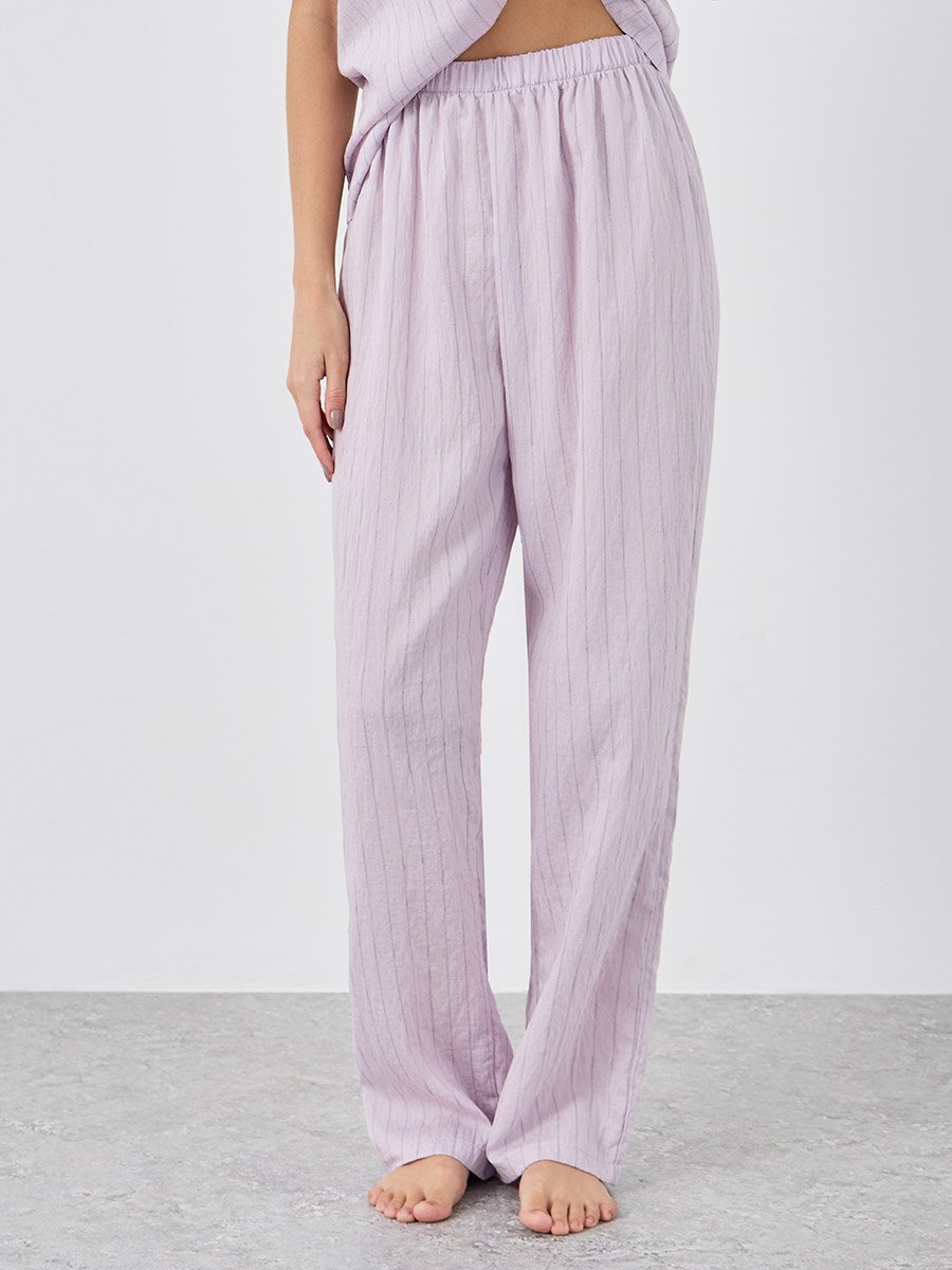 Textured Striped Buttoned Viscose Shirt and Pyjama Set