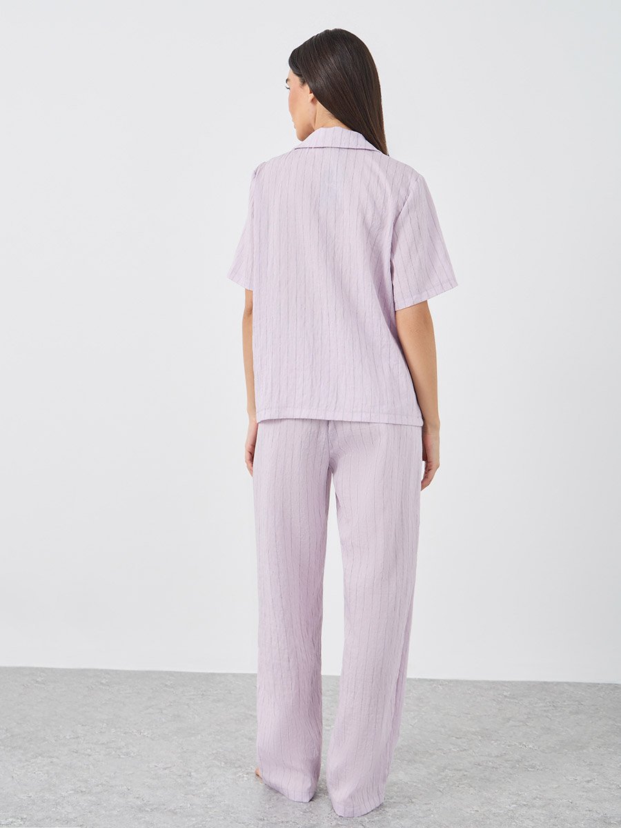 Textured Striped Buttoned Viscose Shirt and Pyjama Set