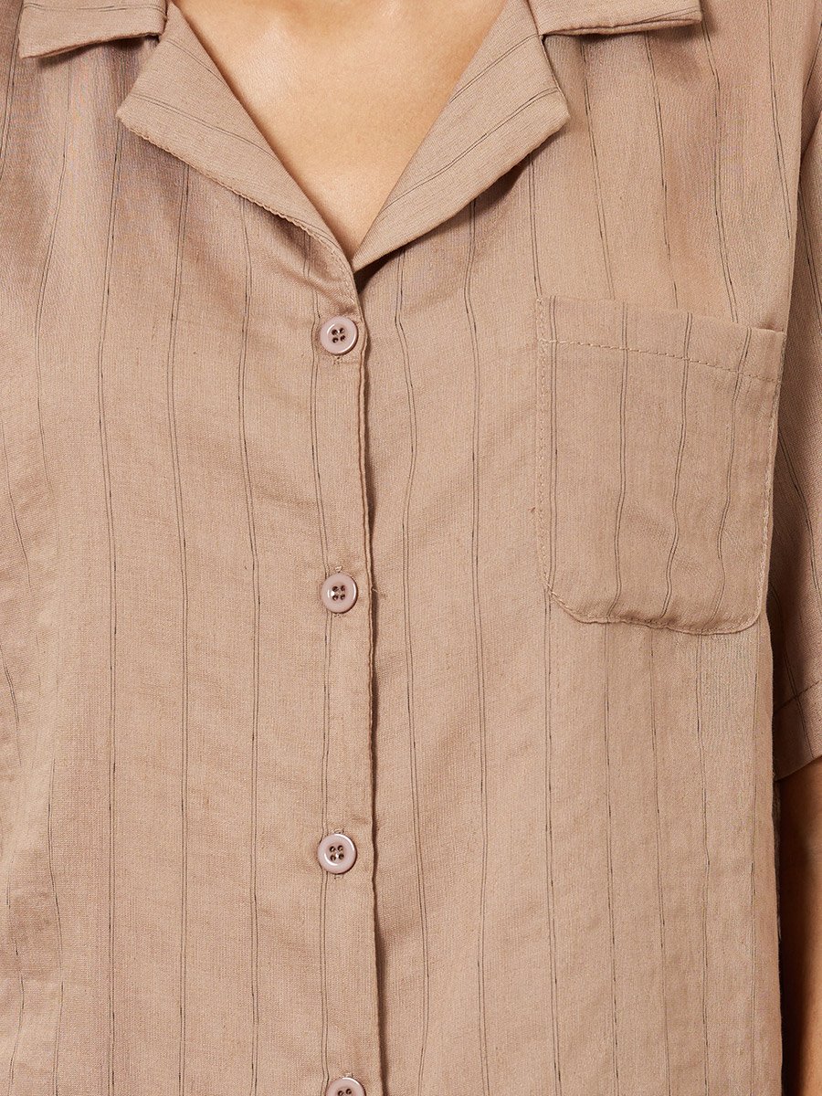 Textured Striped Buttoned Viscose Shirt and Pyjama Set