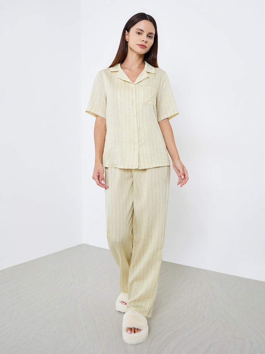 Textured Striped Buttoned Viscose Shirt and Pyjama Set